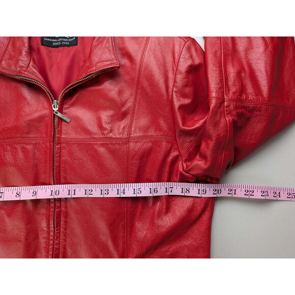 Vtg Red Leather Jacket 90s Y2K Zip Retro Bold Bright Statement Womens Large - Picture 9 of 11